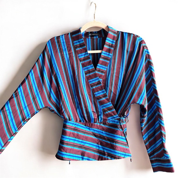 I.N.C Wrap Blouse Long Sleeves Maroon & Blue Stripes Woman’s Small Satin Blouse - Picture 4 of 8